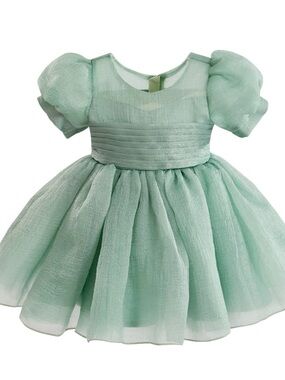 Tulleen Puff Sleeve Girls' Mint Puff-Sleeve Tulle Party Dress